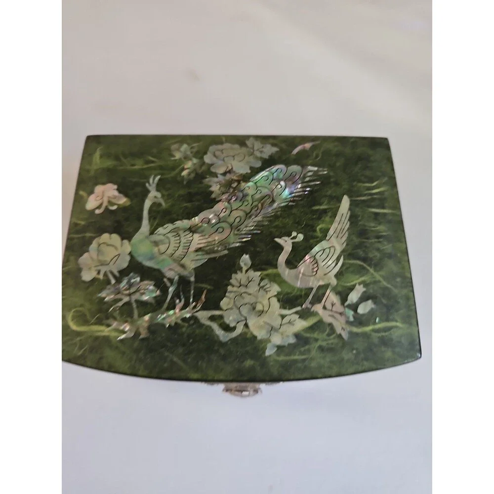 Vintage Korean Mother Of Pearl Lacquer Jewelry Box Peacock and Flower Inlay